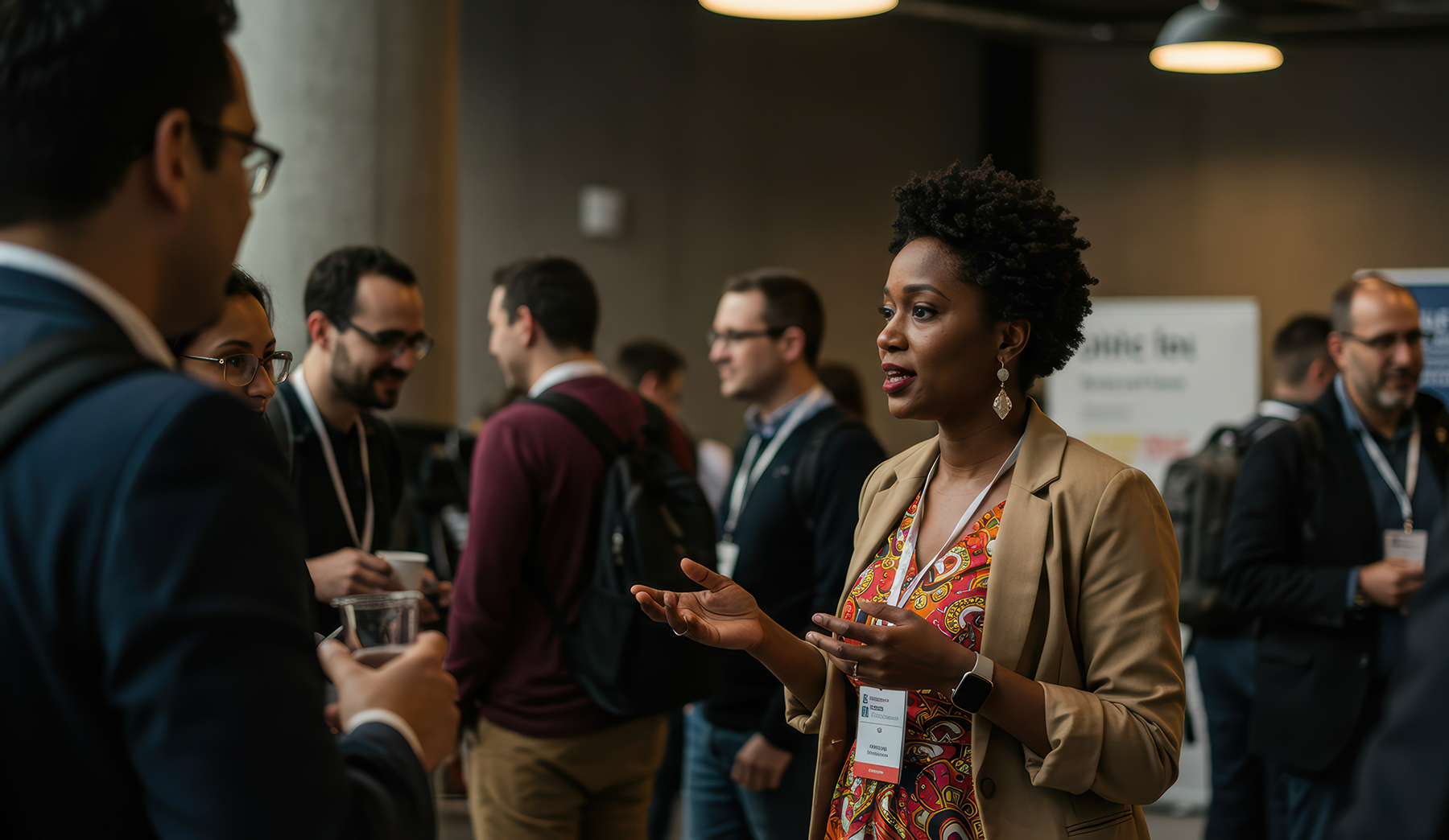 African American woman engaging in conversation at a networking